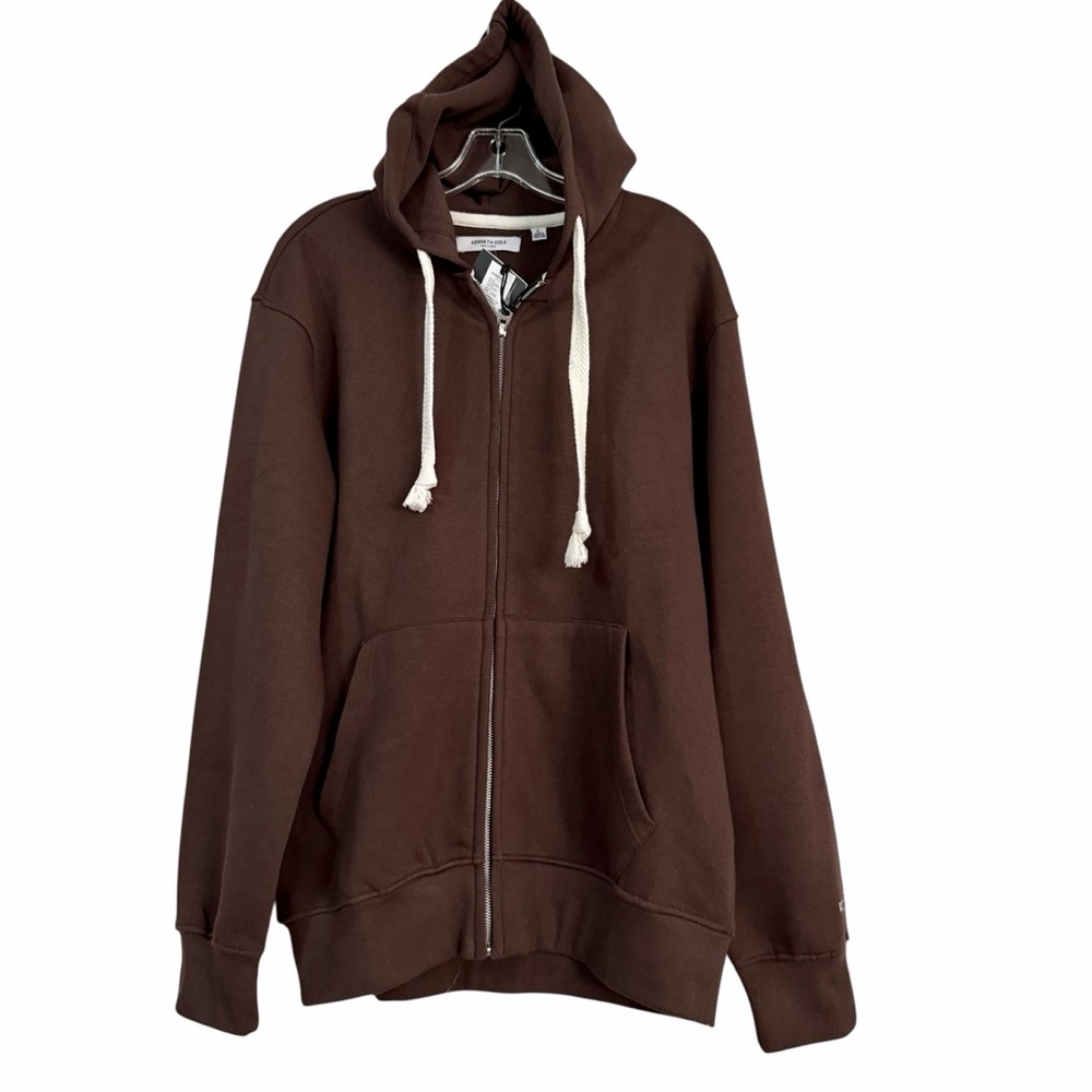 Kenneth Cole Brown Full Zip Fleece Hoodie Sweatshirt Size Large Logo Sleeve